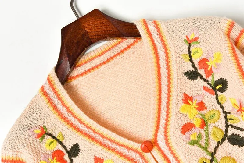 Осенний женский свитер кардиган 2019 v-образный вырез длинный рукав однобортный цветок вышивка ретро куртка-Джемпер Пуловер femme
