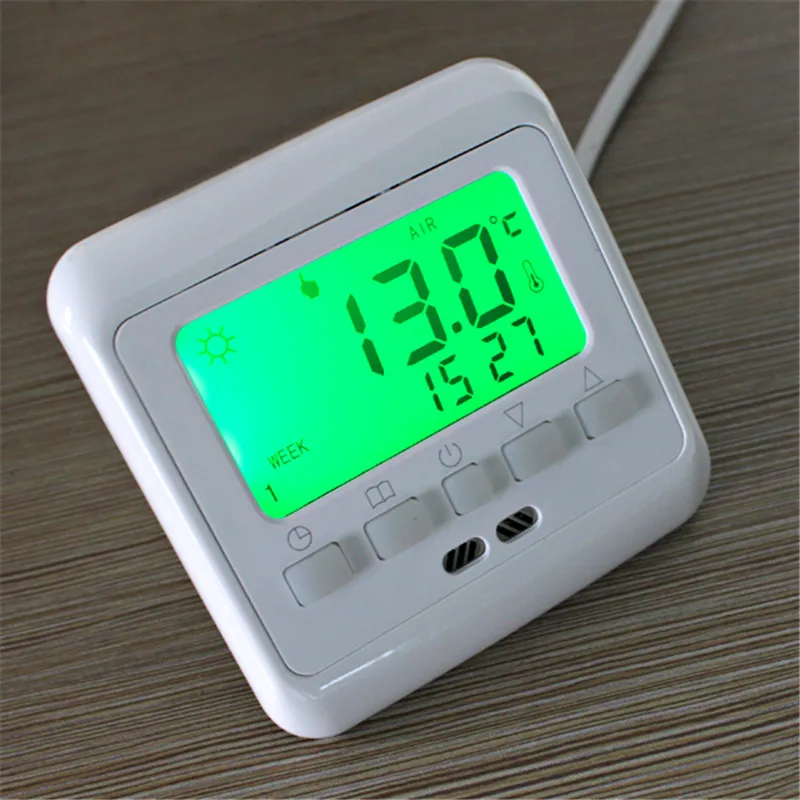 

Weekly Digital Green LCD Display Programmable Room Floor Heating Thermostat Powerful Anti Jamming for Room Temperature Control