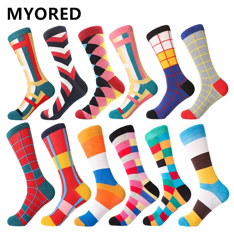 

MYORED 12pairs/Lot fashion Geometric square men socks funny style skateboarding crew socks popular street casual sokken gift