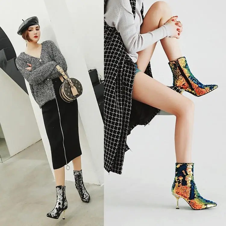 Botas De Hauts Cuir Show Bottes Glitter Pointu Hiver Femmes Brillant Défilé Show Retour Avec Cristal Or Chaussures as Nouvelle En Mode Bout Bling Talons Argent As E1qnnFW
