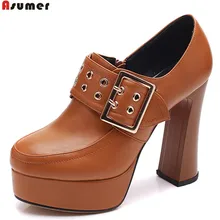 ASUMER/модные демисезонные туфли черного и коричневого цвета женские туфли на высоком толстом каблуке с круглым носком на молнии Большие размеры 32-42