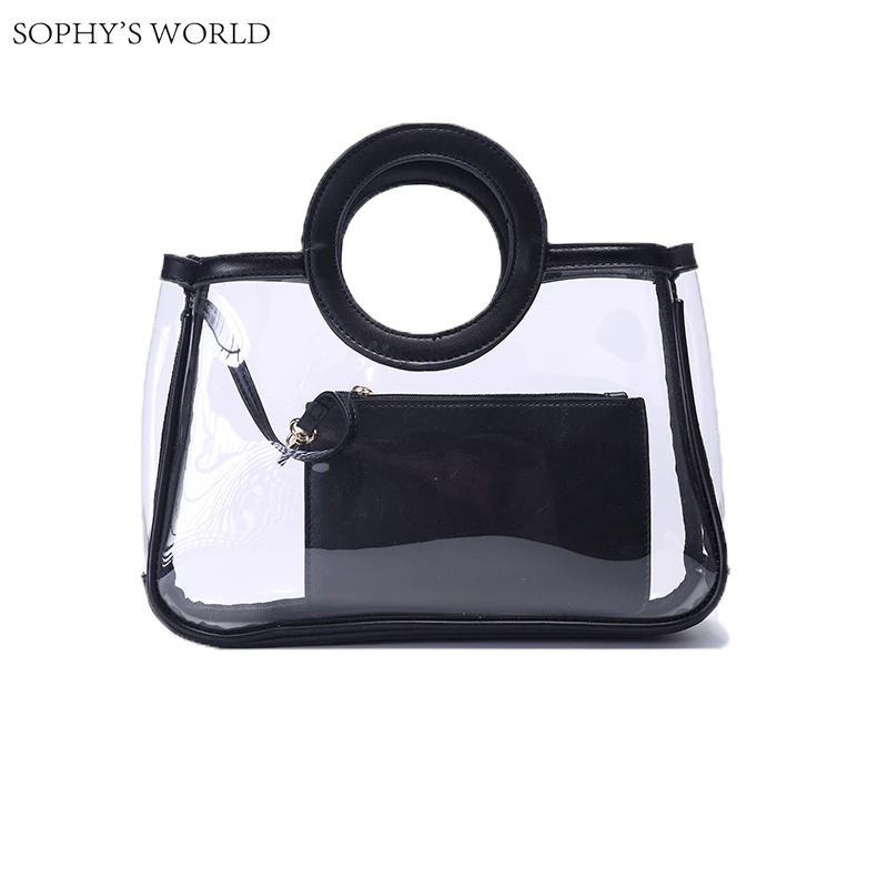 New 2017 Summer Transparent Jelly Bag Leather Women Bag Patchwork PVC Clutch Tote Bag Ladies Purse