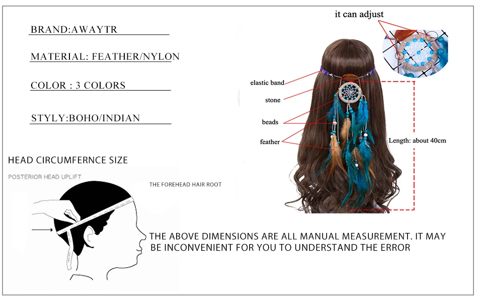 AWAYTR богемные головные уборы с перьями женские регулируемые повязки для волос праздничный головной убор Ловец снов каменные Аксессуары для волос
