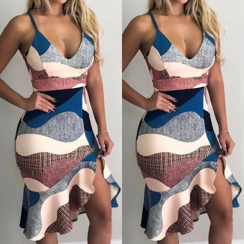 

Women Sexy Summer Strappy Dress Office Lady 2019 Casual Ruffle V Neck Low Cut Print Bodycon Cocktail Midi Dress Color Splicing