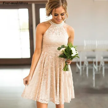 

2019 Lace Champagne Short Country Bridesmaid Dresses Halter Pearls Maid Of Honor Dress For Wedding Party