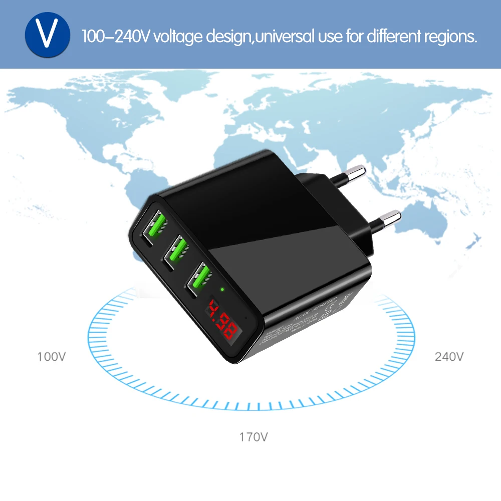 Светодиодный дисплей, 3 порта, быстрое USB зарядное устройство, 3 А, USB ЗУ для мобильного телефона, зарядное устройство для iPhone 7, samsung, Xiaomi, LG