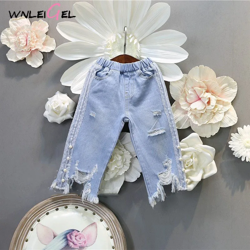 

WLG spring girls jeans kids ripped lace cute jean baby roles casual all match trousers children clothes 2-6 years