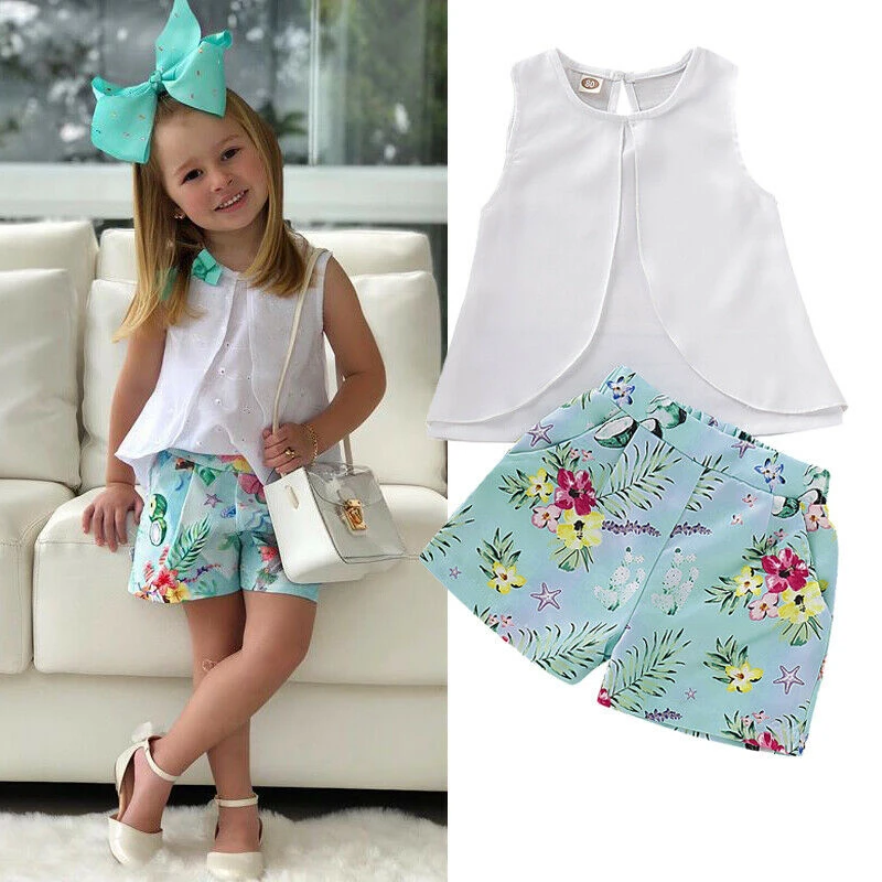 

2Pcs Girls Clothes 2019 Summer Vest Top+T-shirt Short Pants Toddler Girl Clothes Kids Floral Casual Outfits Girlymax Set 12M-4Y