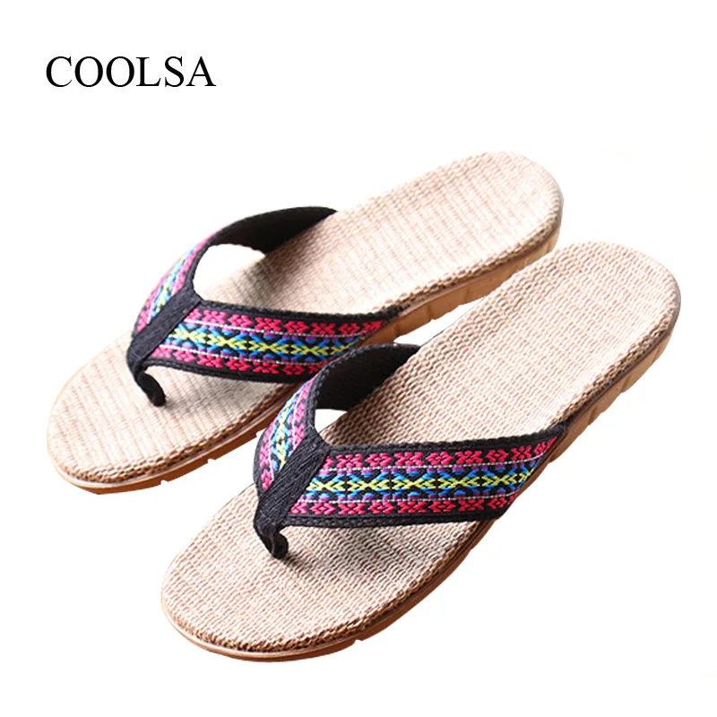 COOLSA Women's Summer Linen Flip Flops Slippers Women Flat Indoor Hemp ...