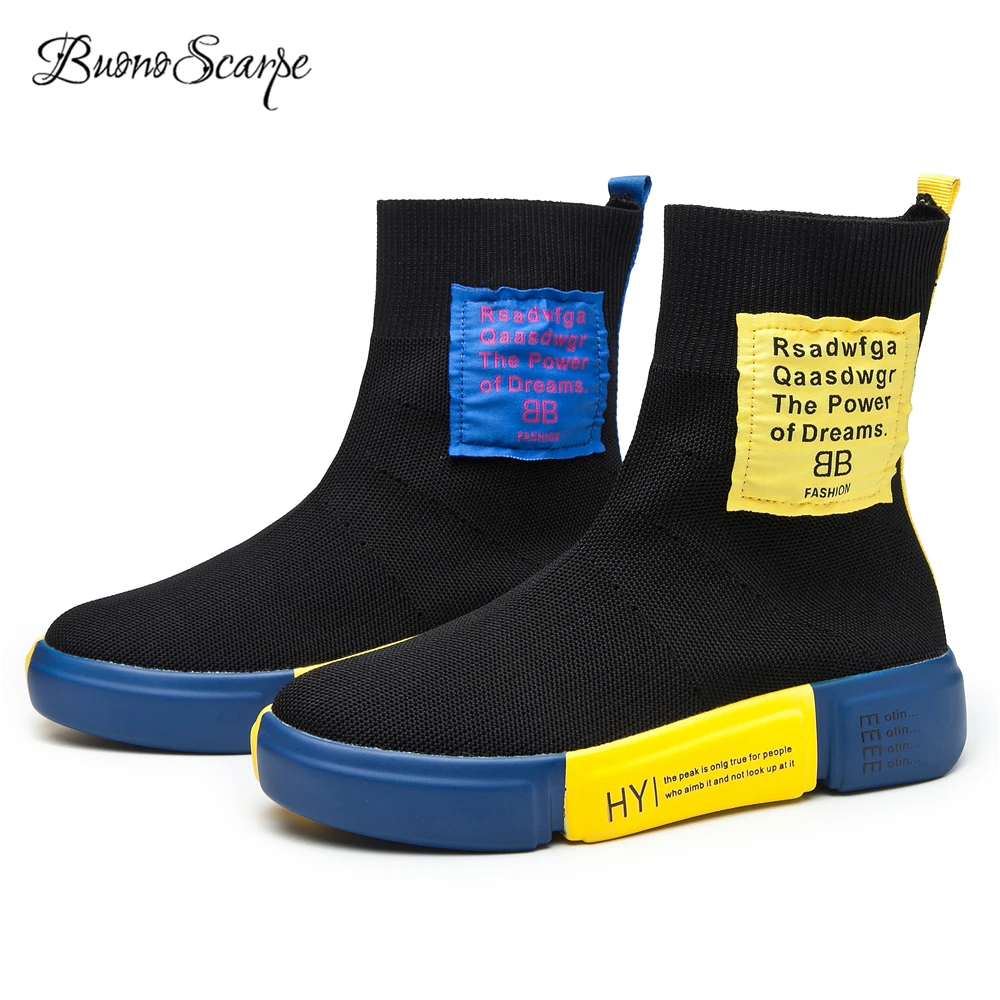 

BuonoScarpe Girls Casual Sneaker Ankle Boots Women Knitting Patchwork Short Socks Boots Female Breathable Embroidery Ankle Botas