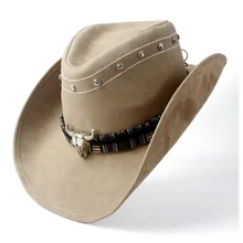 Western Cowboy Cowgirl Leather Hat Wide Brim Hat Bull Head Leather Band