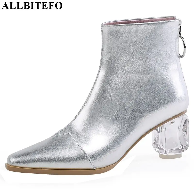 

ALLBITEFO crystal heel genuine leather high heels ankle boots for women high quality martin boots women boots girls shoes