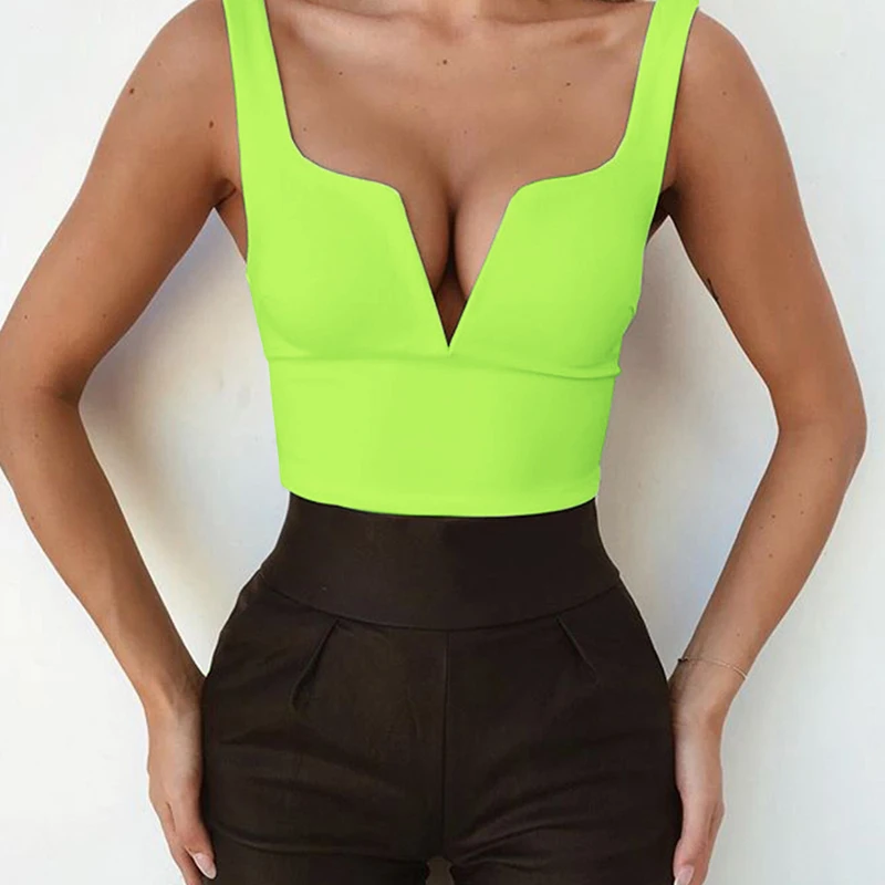 Women Crop tops Ladies Vest Nightclub Summer Solid Sexy Fashion Camisole V Neck Shirt Party Sleeveless Clubwear - Цвет: Green