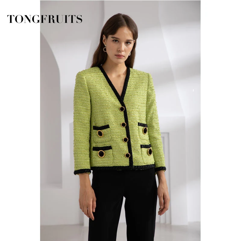 Women Autumn Elegant Retro Splice Solid Color V Neck Single Pocket Breasted Casual Suit Jacket Women Coat Female Green Outwear