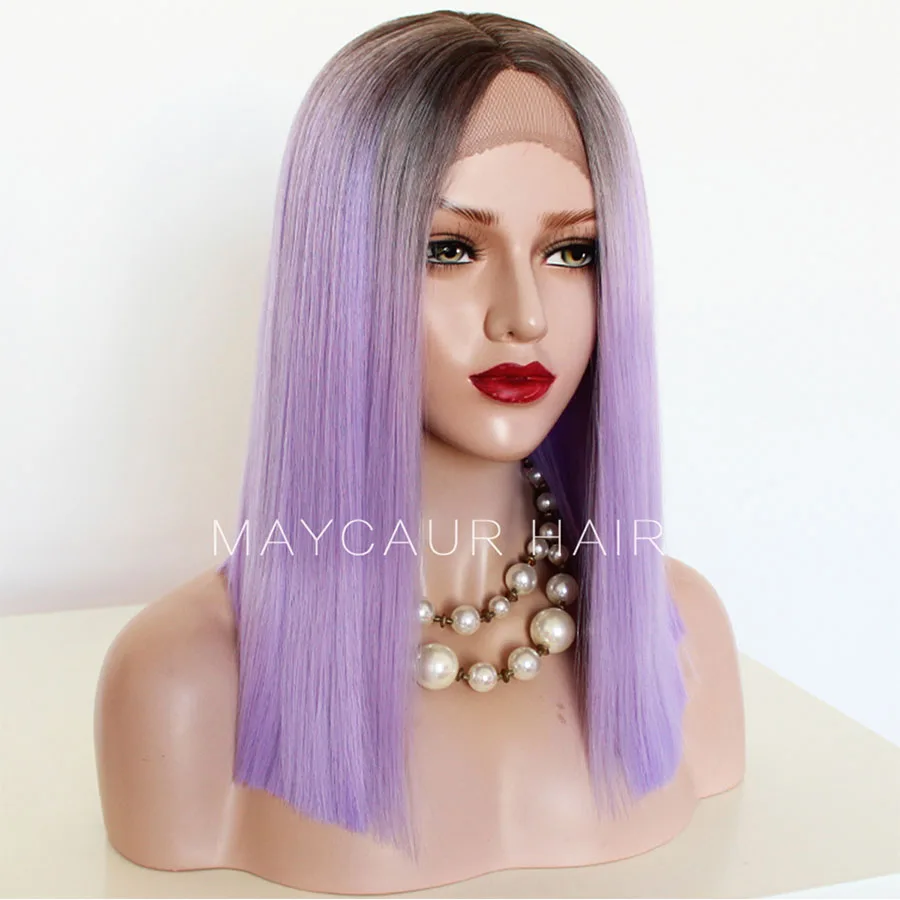 Maycaur Natural Black White Purple Ombre Color Synthetic Lace Front Wigs Short Cut Bob Wig Glueless Straight Hair (2)