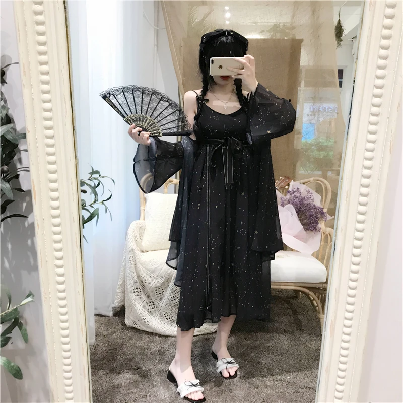 Платье Лолиты Kawaii платье для женщин японская милая Лолита позолоченное платье на бретелях+ солнцезащитное пальто куртка из двух частей милый