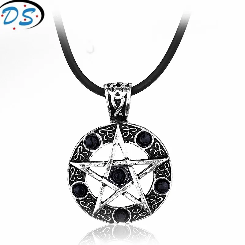 

10pcs/lot Black Butler Crystal Pentacle Pentagram Pendant Men Necklace Witch Protection Star Amulet Leather Cord Chain Collar