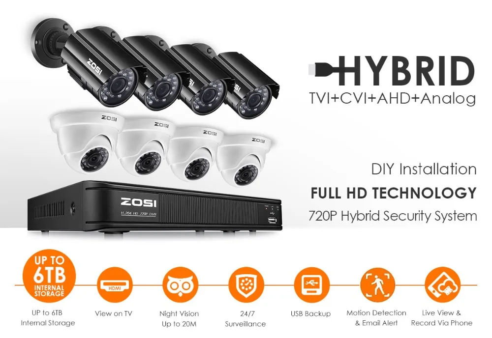 ZOSI 8CH CCTV система 720P HDMI TVI CCTV DVR 4 шт. 1.0MP HD IR ночное видение наружная домашняя камера безопасности Система наблюдения комплект