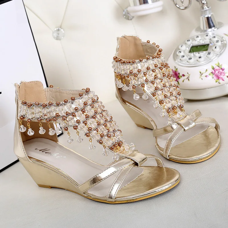 

Women Sandals Rhinestone Sandals Luxury Shoes 2019 Beading Summer Wedge Bottom Sandals bling Wedding Shoes 3139
