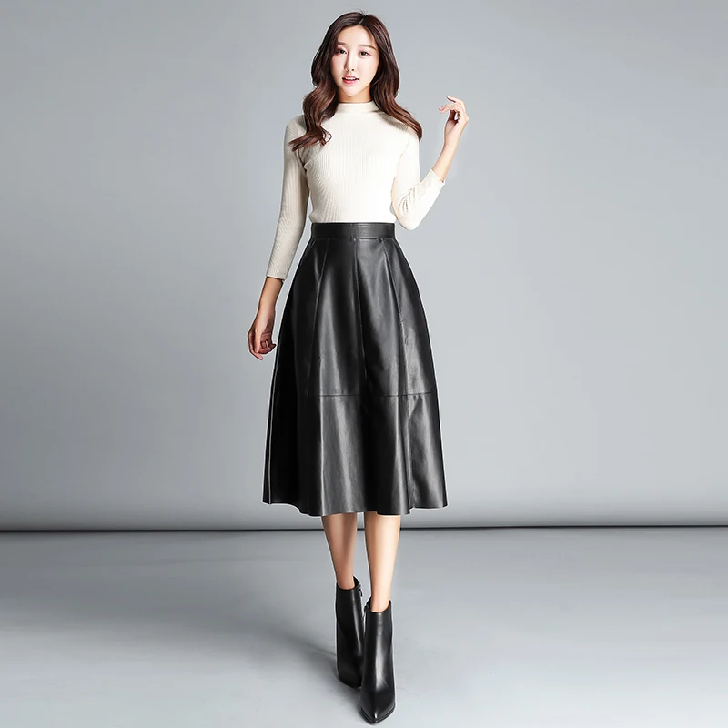 Осень и зима новая корейская мода Длинная черная юбка Женская высокая талия была тонкая плиссированная юбка PU кожаная юбка