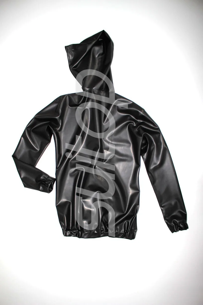 

Men 's Black latex outwear with cap rubber boxer sweater suitop real photo