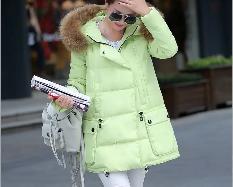 

Women winter Europe and America fur collar thick warm loose casual solid long down coat jacket plus size free shipping coats