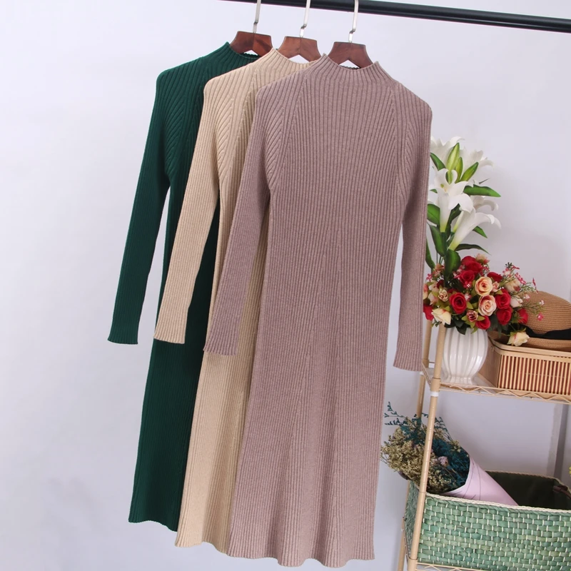 ONLYSVTER Women Autumn Winter Sweater Knitted Dress Thick Warm Knee-length Dress Rib Slim Female Dress