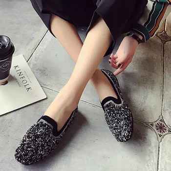 

Dropshiping Top Quality Bling Flats Sequins Crystal Studded Slip on Lazy Loafer Round Toe Rhinestone Women Shoes Causal Loafers