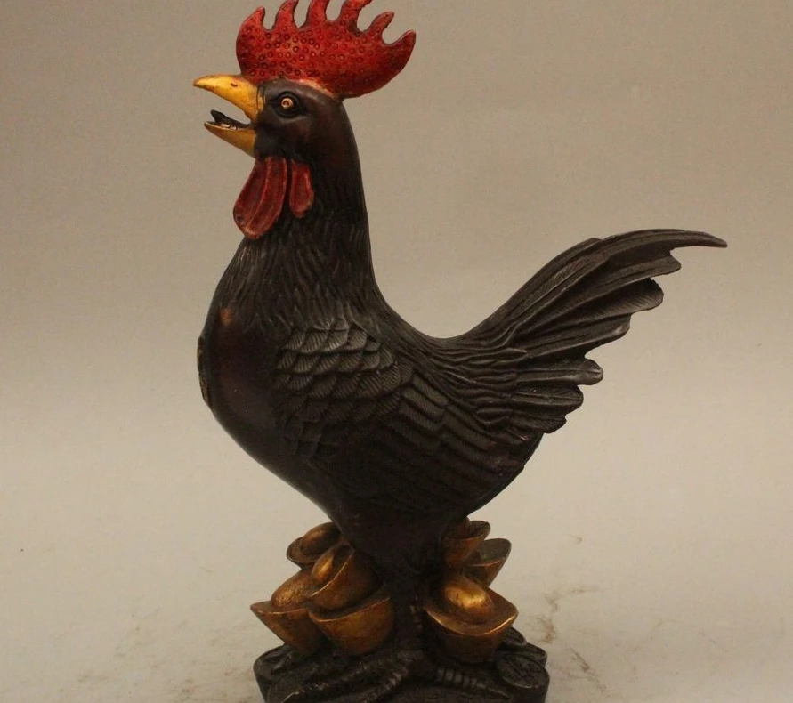 

10" Chinese Feng Shui Bronze Wealth Zodiac Year Rooster Cock Statue Sculpture