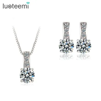 

LUOTEEMI Brand Small Size Classic Cubic Zirconia White Gold-Color Simple Necklace Earring Jewelry Set for Women Tops Fashion
