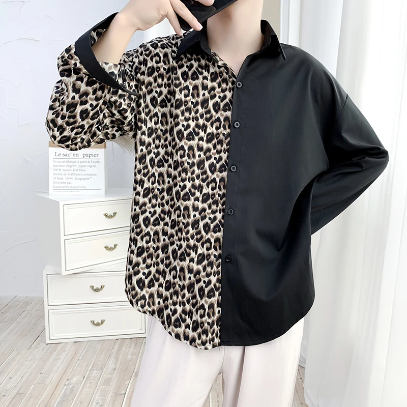 

Spring New Leopard Shirt Men Fashion Stitching Casual Dress Shirt Sman Streetwear Wild Hip Hop Loose Long-sleeved Shirt M-2XL