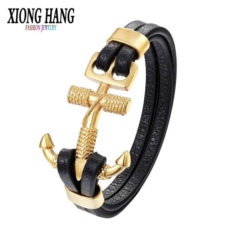 

XiongHang Trendy Quality Stainless Steel Gold Silver Anchor Bracelet Charm Multilayer Leather Bangle Men's And Women's Jewelry