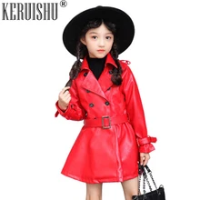 KeRuiShu осень-зима из искусственной кожи пальто для девочек детские пальто черный/красный отложной воротник двубортный длинные кожаные верхняя одежда