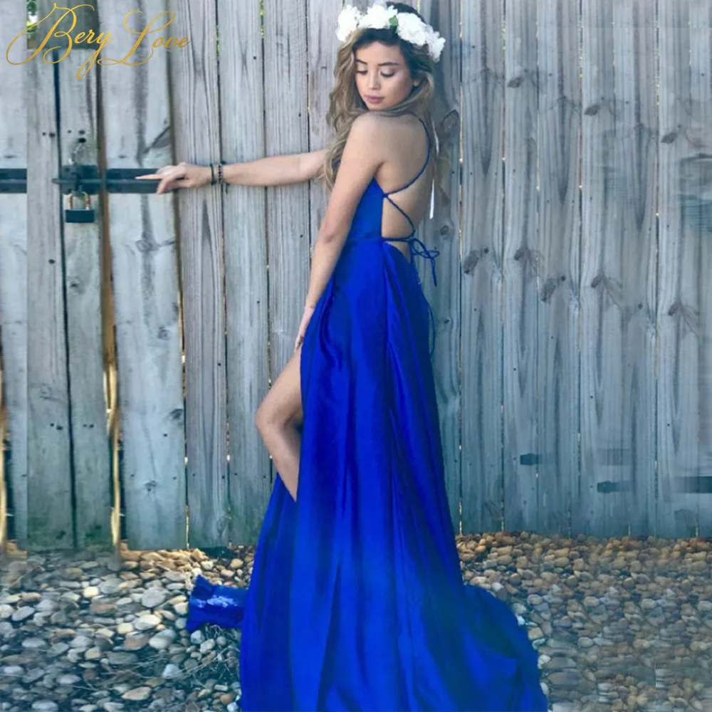 

Sexy Blue Satin Evening Dress 2019 Slit Backless Styles Prom Dress Gowns Party Dress Open Back Crisscross Abiye robe femme