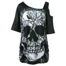 Cheap Women Summer Fashion Short Sleeve Gothic Skew Collar Skull T-Shirt Shoulder Skull Slash T-Shirt blusas femininas de verao 50