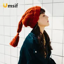 Женские милые вязаные шапки-бини ручной работы с кисточками, новинка, зимние однотонные шапки для женщин Skullies& Beanies, женские теплые шапки