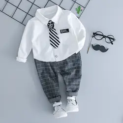 2019 Брендовая Одежда для маленьких мальчиков комплект От 0 до 3 лет возраст с длинными рукавами галстук рубашка + штаны в клетку 2 шт. Хлопок