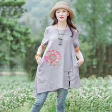 Новая футболка Женская весенне-летний свободный крой ретро-табличка вышивка хлопок лен рубашка с короткими рукавами