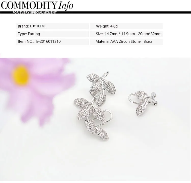 LUOTEEMI New Korean Style Luxury Vintage Bijoux Flower Asymmetry Brincos CZ Crystal Cuff Earrings for Women Girl Party Jewelry