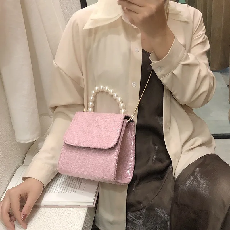 

Fashion Pearl Beading Women Handbags 2019 Luxury Handbags Women Bags Designer Sequins Ladies Totes Chain Shoulder Messenger Bag