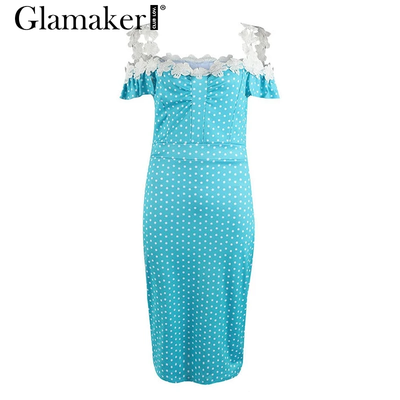 Glamaker, кружевное Макси облегающее платье в горошек, женское летнее длинное платье с открытыми плечами, элегантное женское платье с оборками, вечерние платья для клуба, vestidos - Цвет: Синий