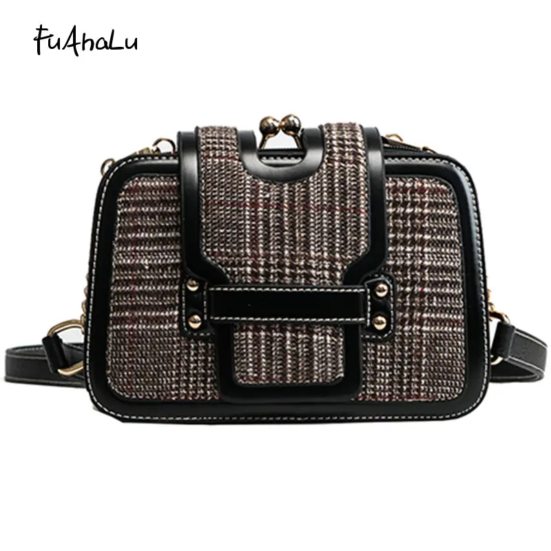 FuAHaLu New women's fashion striped shoulder bag wild Messenger bag woolen woolen hit small square package