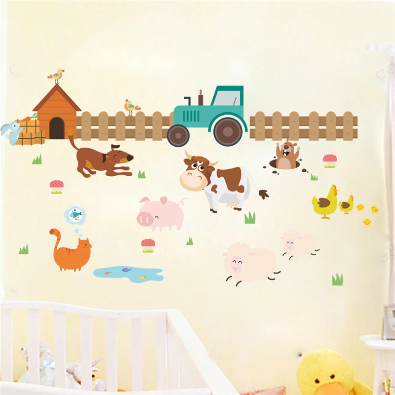 

Farmland Animals Wall Stickers Kids Room Decorations Dog Cow Cat Adesivos De Parede Diy Home Decals Cartoon Mural Art