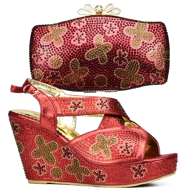 Red Color African Shoes and Matching Bags Italian Shoe Bag Set for Party In Women with Rhinestone | Обувь