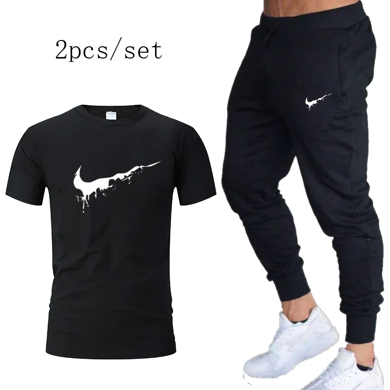

gym t shirt Sportswear Men's jogging running T Shirts+pants men Brand tracksuit Run sport Tshirts Gyms Workout Fitness 2pcs/Sets