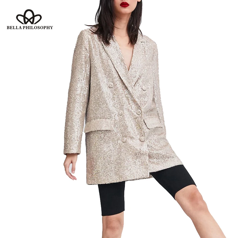 Wonder 2019 new Spring winter Long Sleeve Sequined Blazer Vintage Female Double Breasted Blazer Pockets Notched Lady Outwears