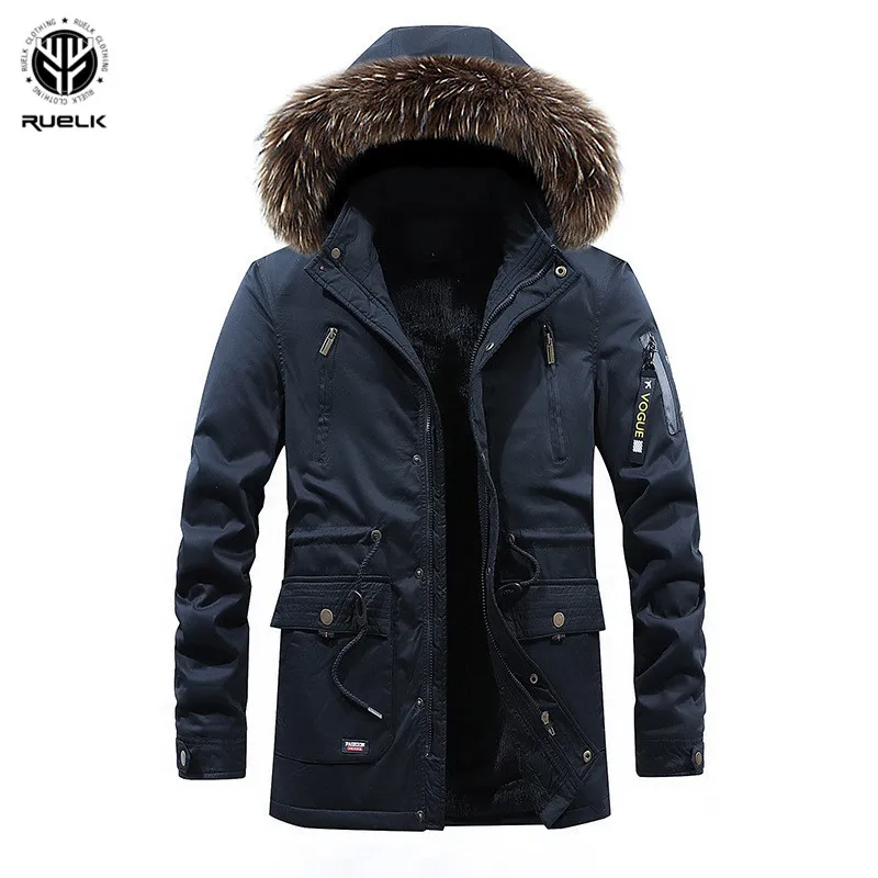 RUELK, зимнее Мужское пальто, мужские Длинные парки, популярное теплое пальто с капюшоном, плюс бархат, съемный капюшон, из стираного хлопка, низкая цена