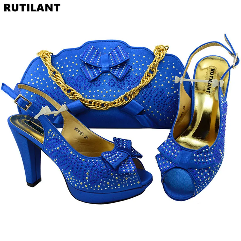 

Latest Royal Blue Color Nigerian Italian Shoes for Women Set Decorated with Rhinestone African Women Wedding Shoes and Bag Sets