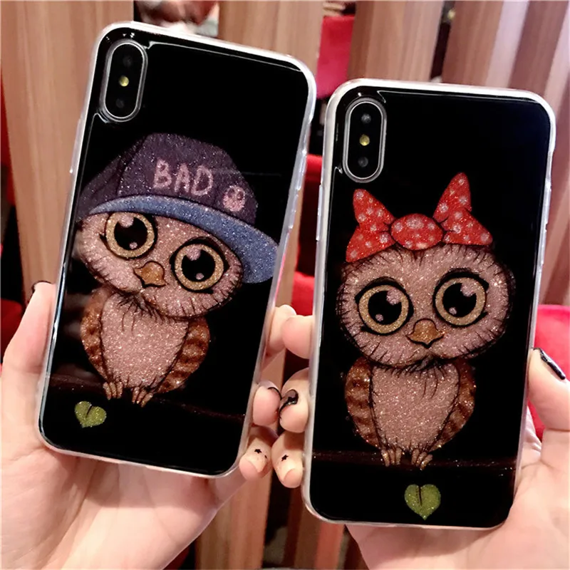 

Glitter Cute Owl Couple phone case For Vivo Y85 V9 Cartoon back for Vivo Y83 Pro Y75 Y79 Y67 Y66 X9 X9S Plus X7 V11 X21 UD cover