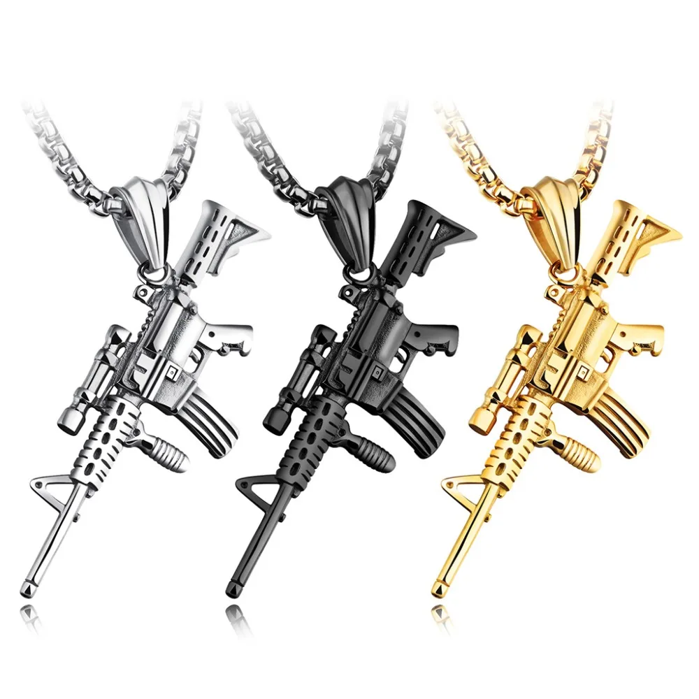 

Hip Hop Style Men Chain Carbine Gun Necklaces Pendants For Men Jewelry Silver/Black/Golden Color Stainless Steel Necklace AK47